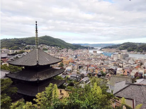 写真:街を見下ろしています。天寧寺　海雲塔や、たくさんの家や、海と山が写っています